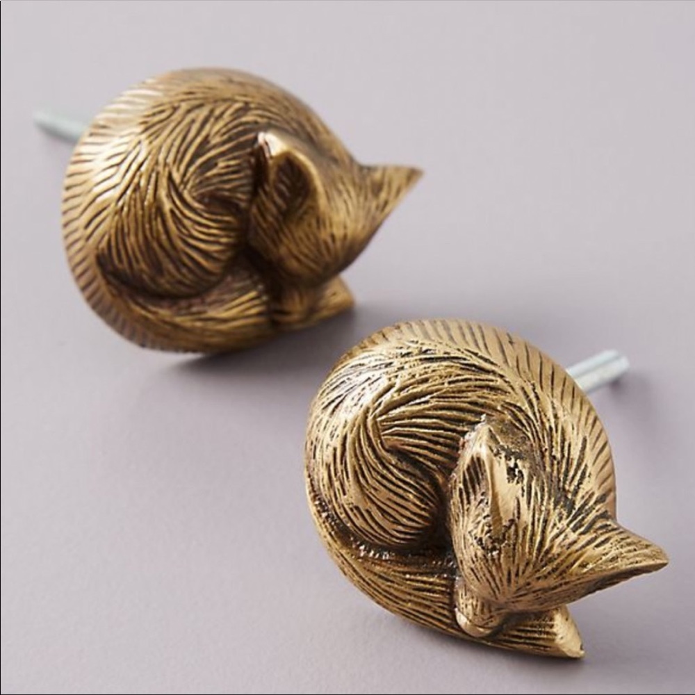 Anthropologie Set of TWO Brass Sleeping Fox Knobs